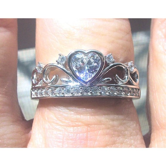 925 STERLING SILVER Heart Crown Tiara Cubic Zirconia Ring - Picture 8 of 16